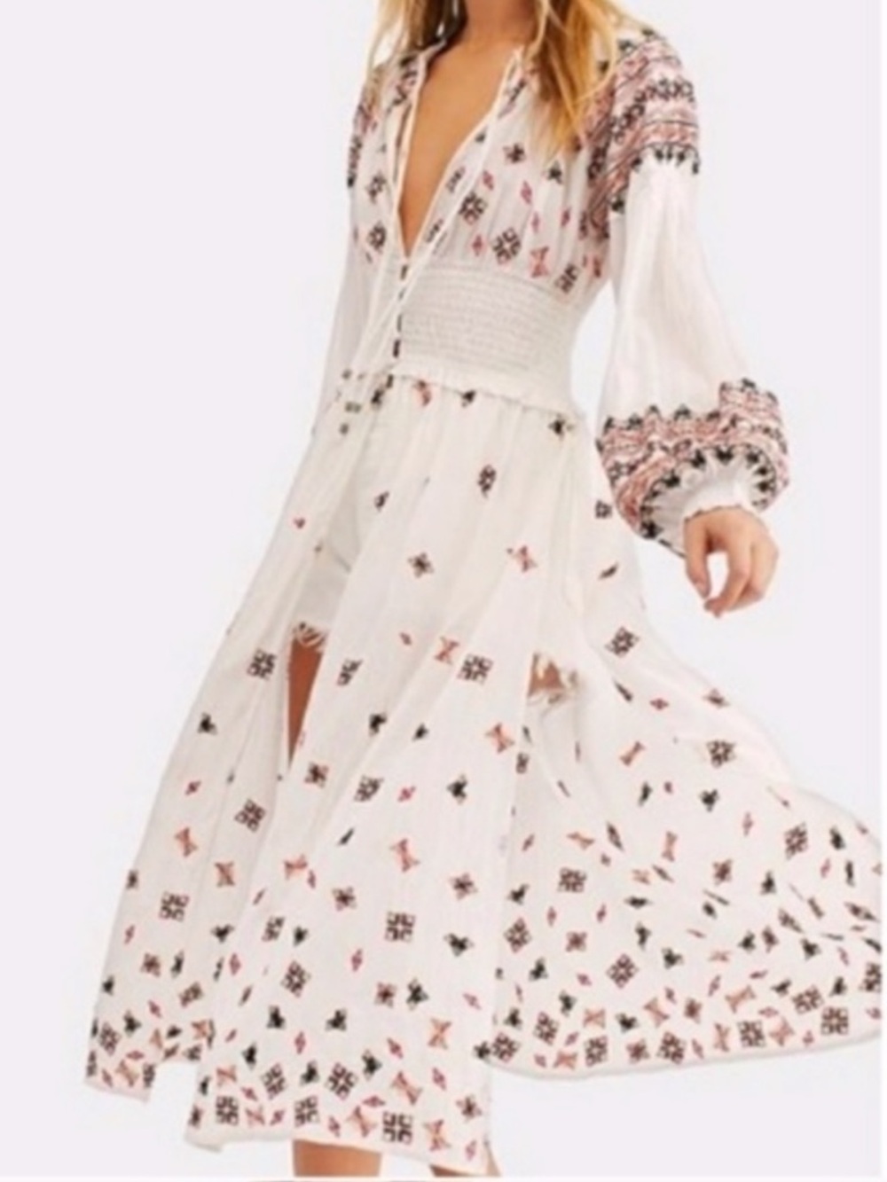 Free People White Boho Embroidered Maxi Dress with Pink and Black Accents - Picture 2 of 16